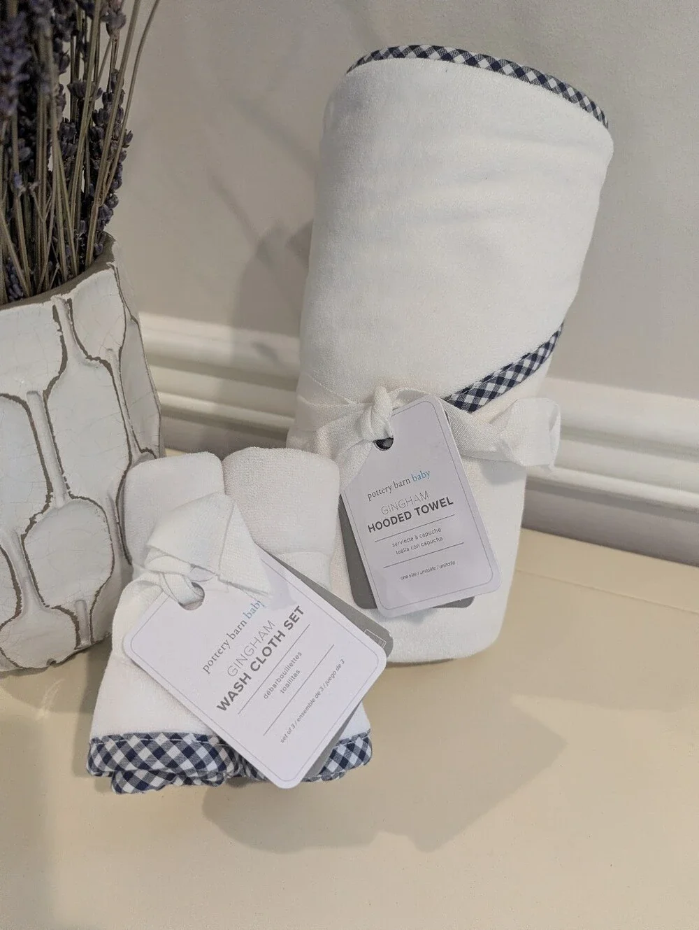 Pottery Barn Baby | White Hooded Towel & Navy Gingham-Trim Wash Cloth Set